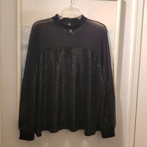 Nine West Top Womens L Black Mesh Long Sleeve Sequin Party Y2K Goth Glam Edgy